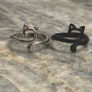 Crochet Rings Silver and Black Cat Set (2)